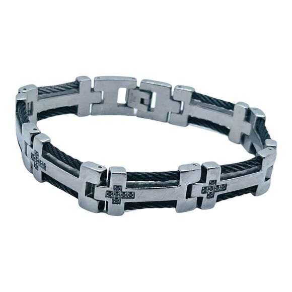 Mens Stainless Steel Crystal Cross Bracelet 8" - Picture 1 of 10